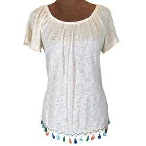 Bobeau Tassel Hem Top Women XS Ivory Semi Sheer Boho Festival EUC Soft Flowy